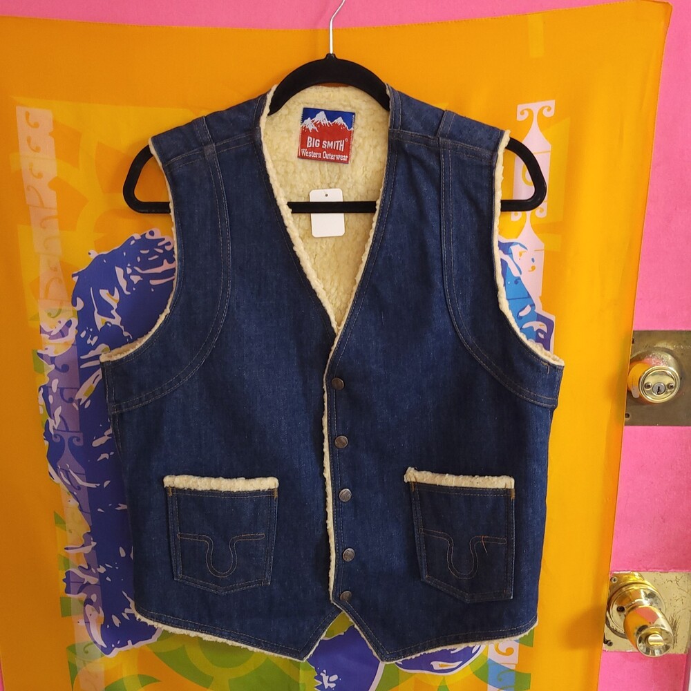 VINTAGE BIG SMITH WESTERN OUTERWEAR SHERPA LINED DENIM VEST SZ M MEDIUM